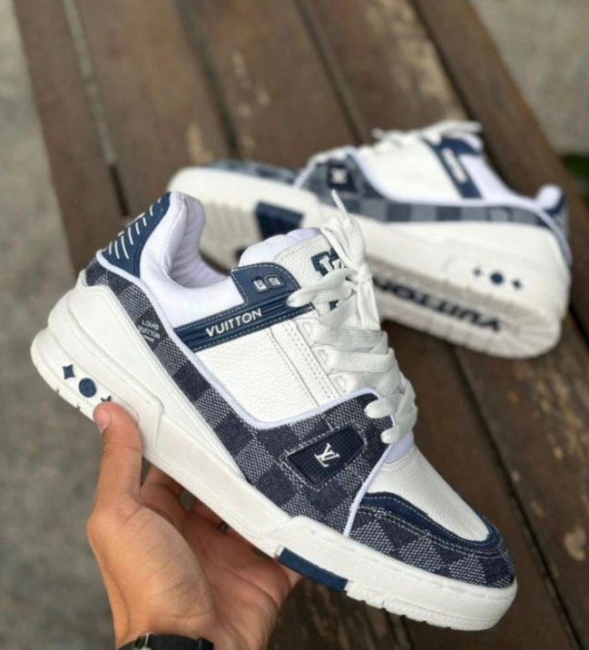 Tênis Louis Vuitton LV Trainer — Branco e Azul Denim — tamanhos 34 ao 44